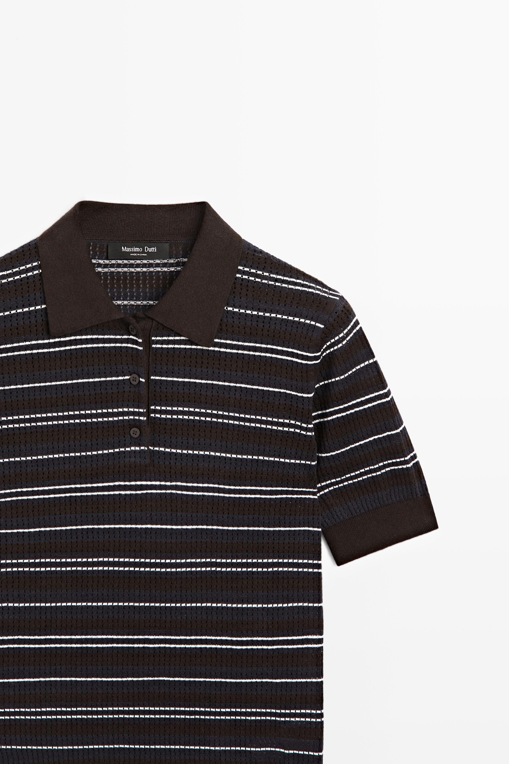 Polo ajouré rayé en coton mélangé